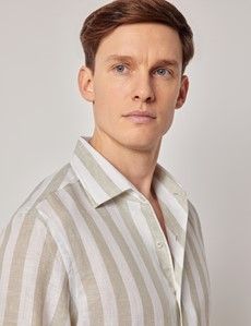 Sage Green & White Bold Stripe Pure Linen Slim Shirt - One Piece Collar - Full Cutaway-preview2