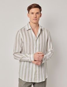 Sage Green & White Bold Stripe Pure Linen Slim Shirt - One Piece Collar - Full Cutaway-preview3