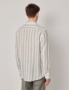 Sage Green & White Bold Stripe Pure Linen Slim Shirt - One Piece Collar - Full Cutaway-preview4