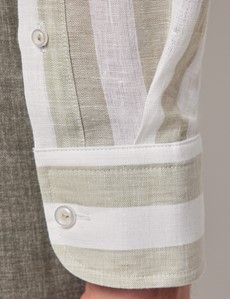 Sage Green & White Bold Stripe Pure Linen Slim Shirt - One Piece Collar - Full Cutaway-preview5