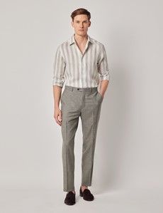 Sage Green & White Bold Stripe Pure Linen Slim Shirt - One Piece Collar - Full Cutaway-preview6