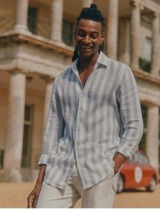 Sage Green & White Bold Stripe Pure Linen Slim Shirt - One Piece Collar - Full Cutaway-preview1