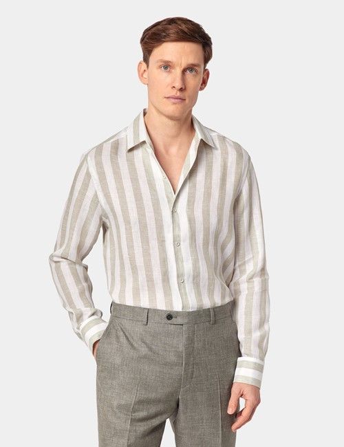 Sage Green & White Bold Stripe Pure Linen Slim Shirt - One Piece Collar - Full Cutaway