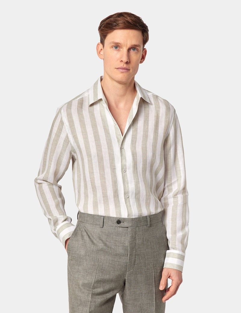 Slim Fit Sage Green & White Bold Stripe Shirt