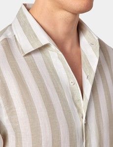 Slim Fit Sage Green & White Bold Stripe Linen Shirt