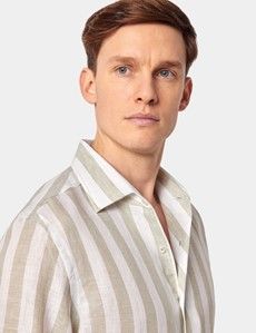 Slim Fit Sage Green & White Bold Stripe Linen Shirt