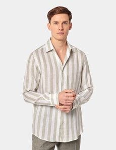 Slim Fit Sage Green & White Bold Stripe Linen Shirt