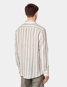 Slim Fit Sage Green & White Bold Stripe Linen Shirt