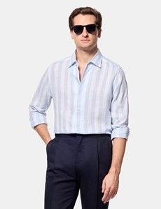 Slim Fit Blue & White Wide Stripe Linen Shirt