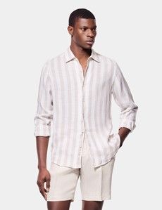 Slim Fit Natural & White Wide Stripe Linen Shirt