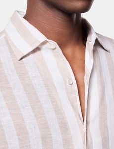 Slim Fit Natural & White Wide Stripe Linen Shirt