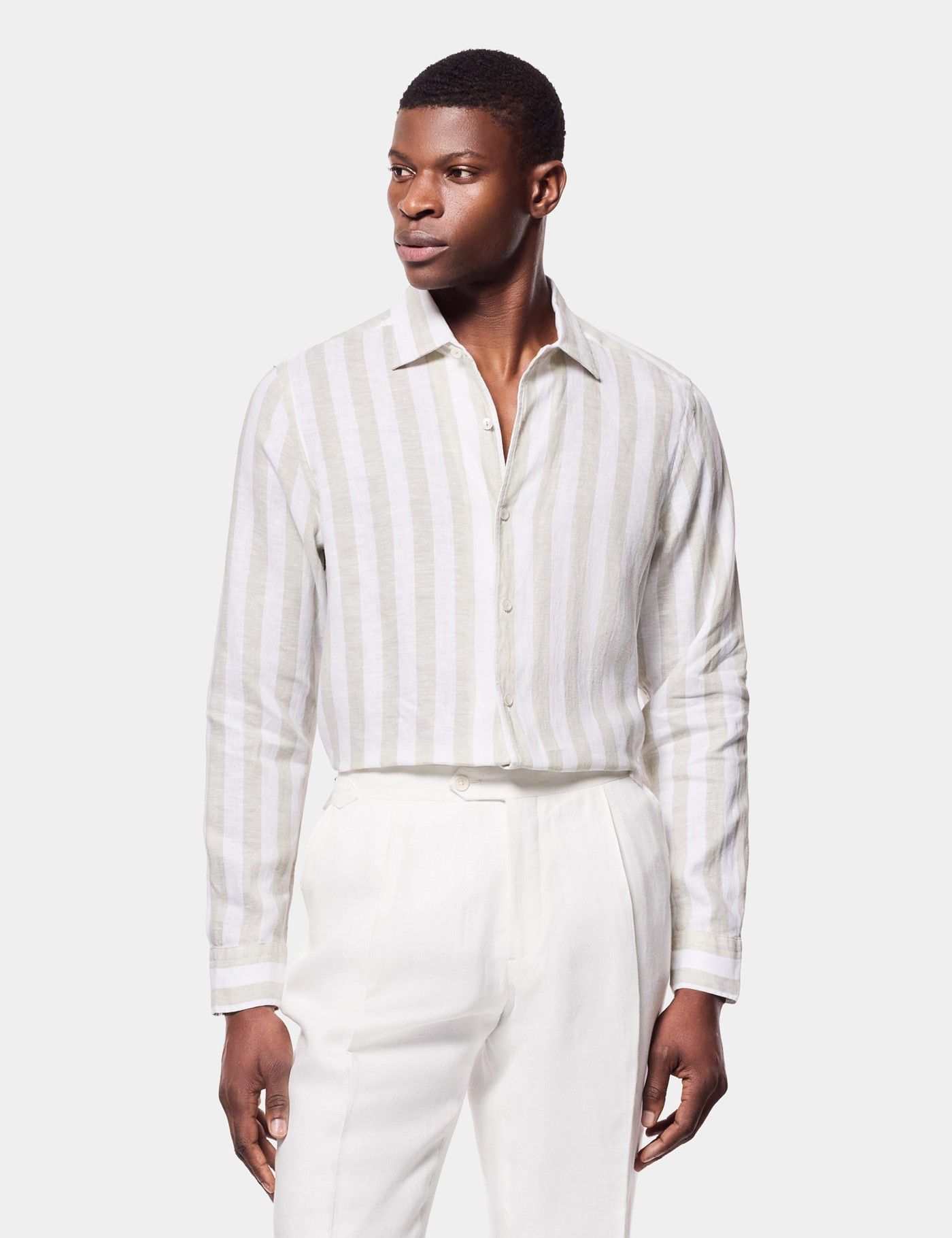 Men's Slim Fit Sage Green & White Bold Stripe Shirt | Hawes & Curtis