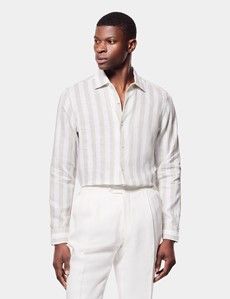 Slim Fit Sage Green & White Wide Stripe Linen Shirt