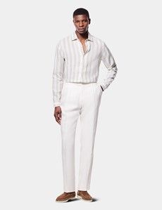 Slim Fit Sage Green & White Wide Stripe Linen Shirt