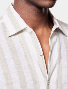 Slim Fit Sage Green & White Wide Stripe Linen Shirt