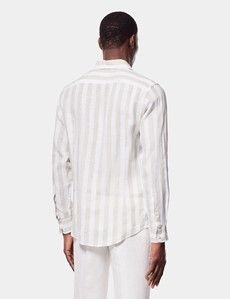 Slim Fit Sage Green & White Wide Stripe Linen Shirt