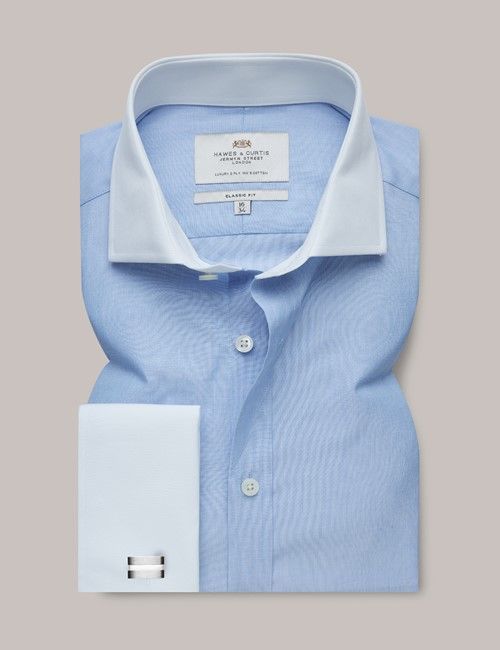 Blue & White End on End Classic Fit Shirt With White Collar and Cuffs-preview