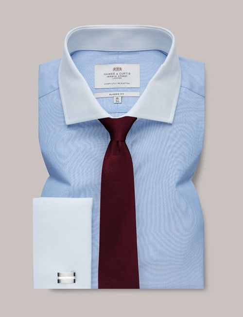Blue & White End on End Classic Fit Shirt With White Collar and Cuffs