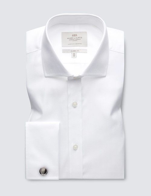 White Herringbone Classic Shirt - Windsor Collar- Double Cuff-preview