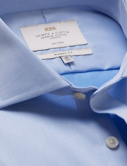 Non Iron Blue Twill Classic Fit Shirt - Windsor Collar - Double Cuff