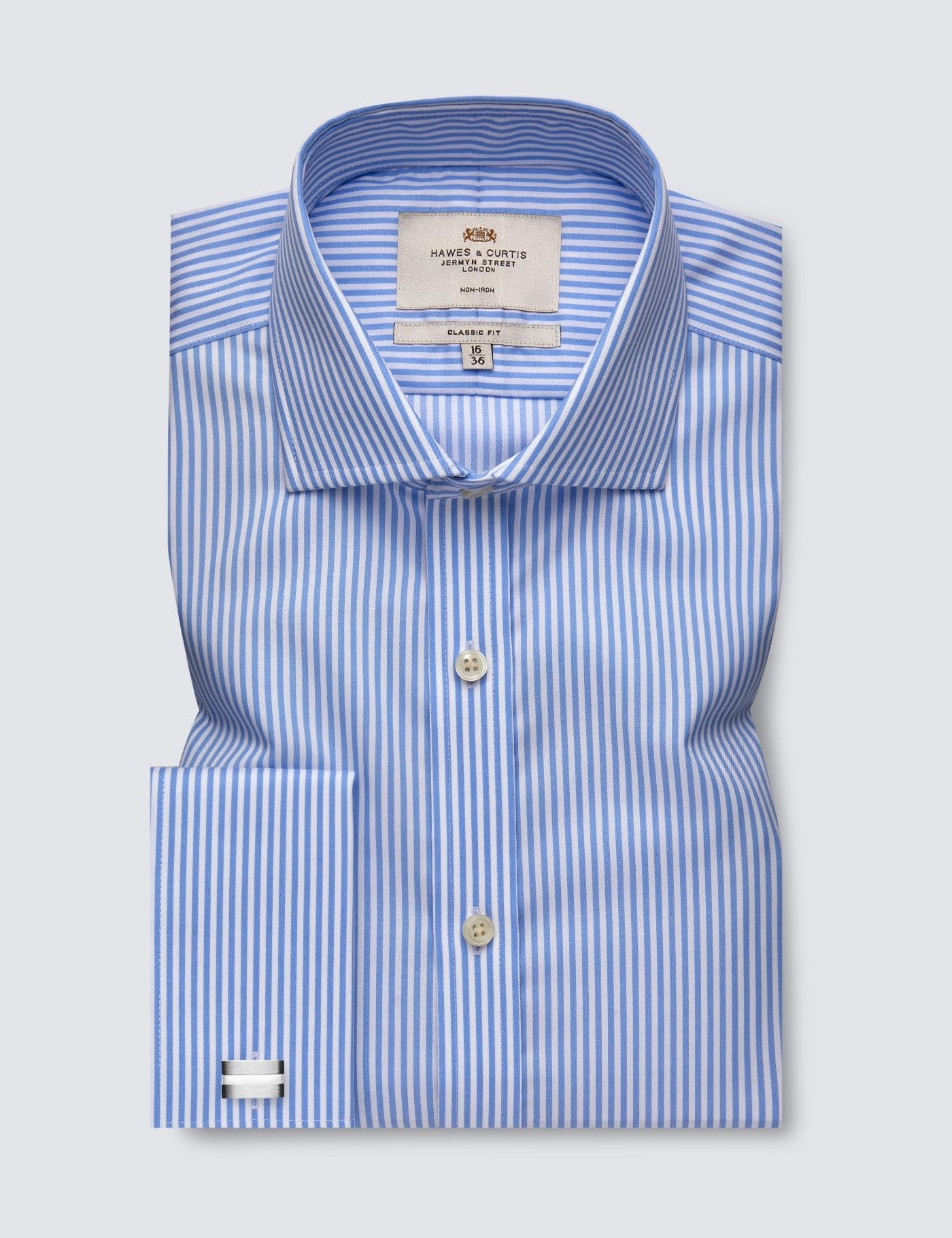 Men's Dress Blue & White Bengal Stripe Classic Fit Shirt with Windsor Collar and French Cuff - Non Iron-preview