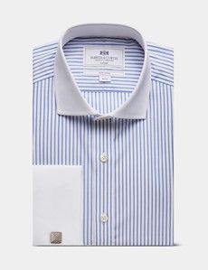 Classic Fit Blue & White Bi Stripe Non-Iron Shirt - Contrast Detail