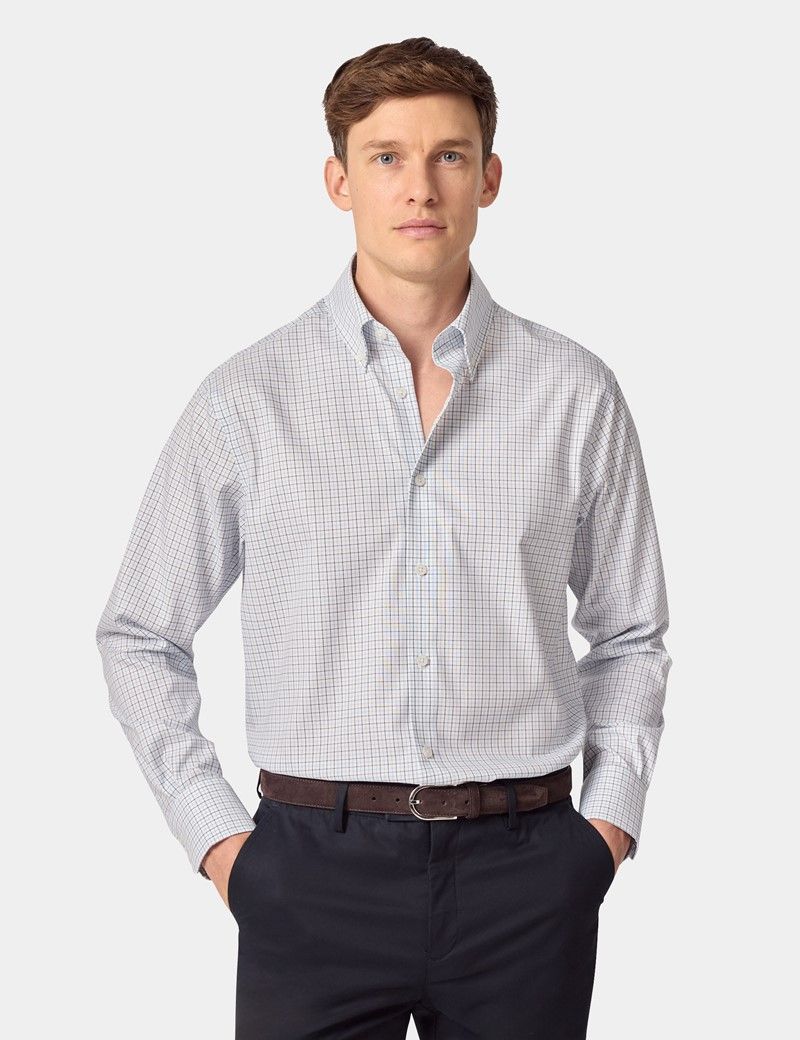 Non-Iron Navy & Blue Check Pin Point Oxford Shirt - Button Down Collar - Classic Fit