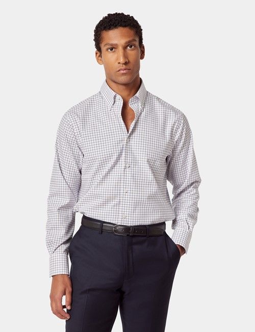 Non-Iron Navy & Pink Multi Check Pin Point Oxford Shirt - Button Down Collar - Classic Fit