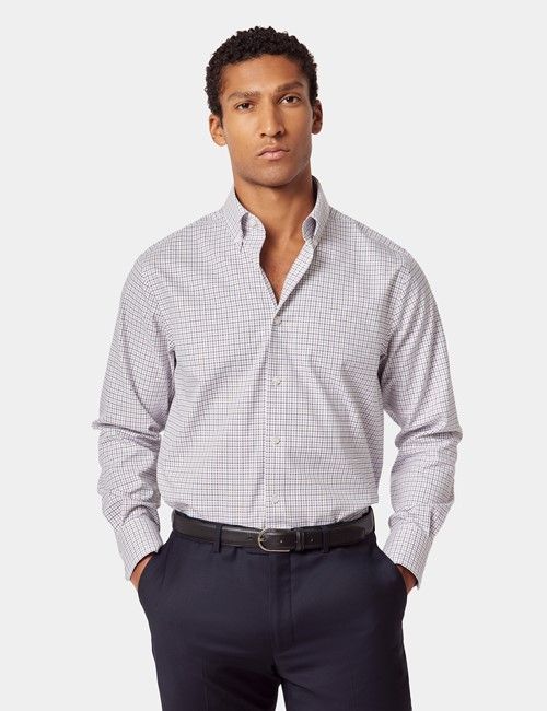 Non-Iron Navy & Red Multi Check Pin Point Oxford Shirt - Button Down Collar - Classic Fit
