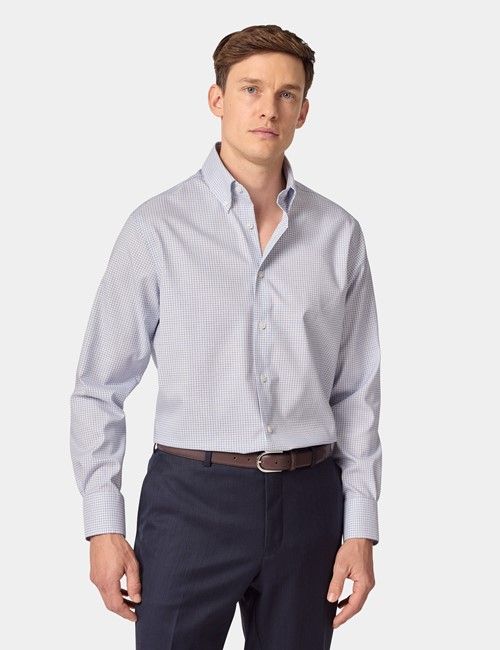 Non-Iron Blue & White Multi Check Pin Point Oxford Shirt - Button Down Collar - Classic Fit
