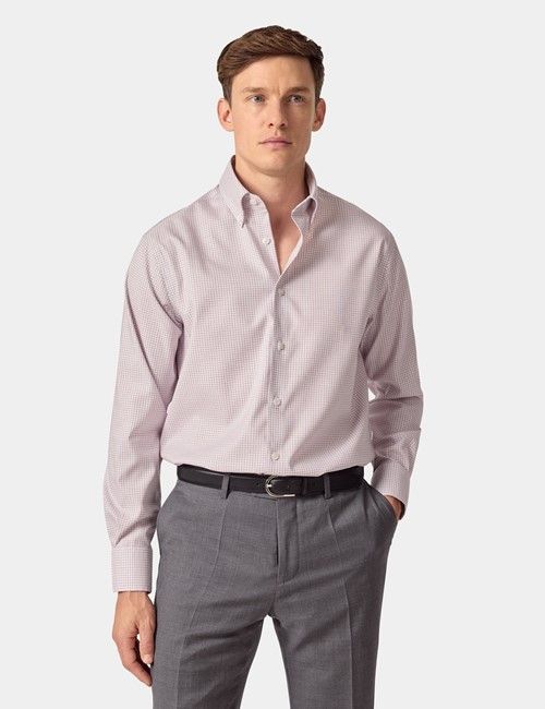 Non-Iron Red & White Multi Check Pin Point Oxford Shirt - Button Down Collar - Classic Fit