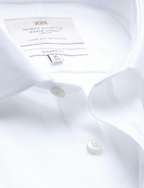 White Herringbone Classic Shirt - Semi-Cutaway Collar