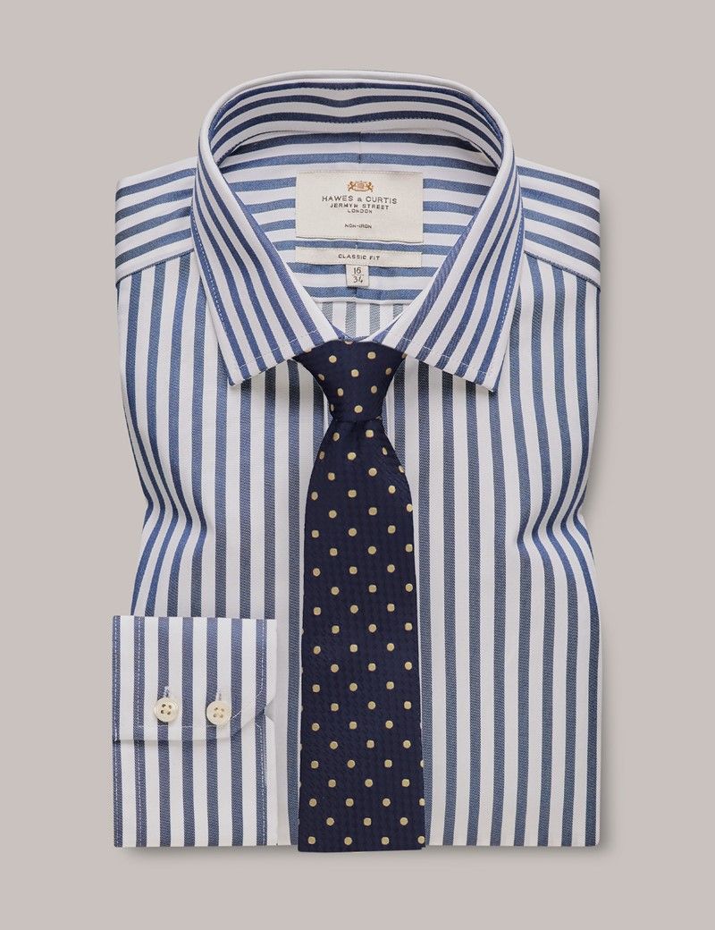 Mens Non Iron Navy And White Bold Stripe Classic Fit Shirt