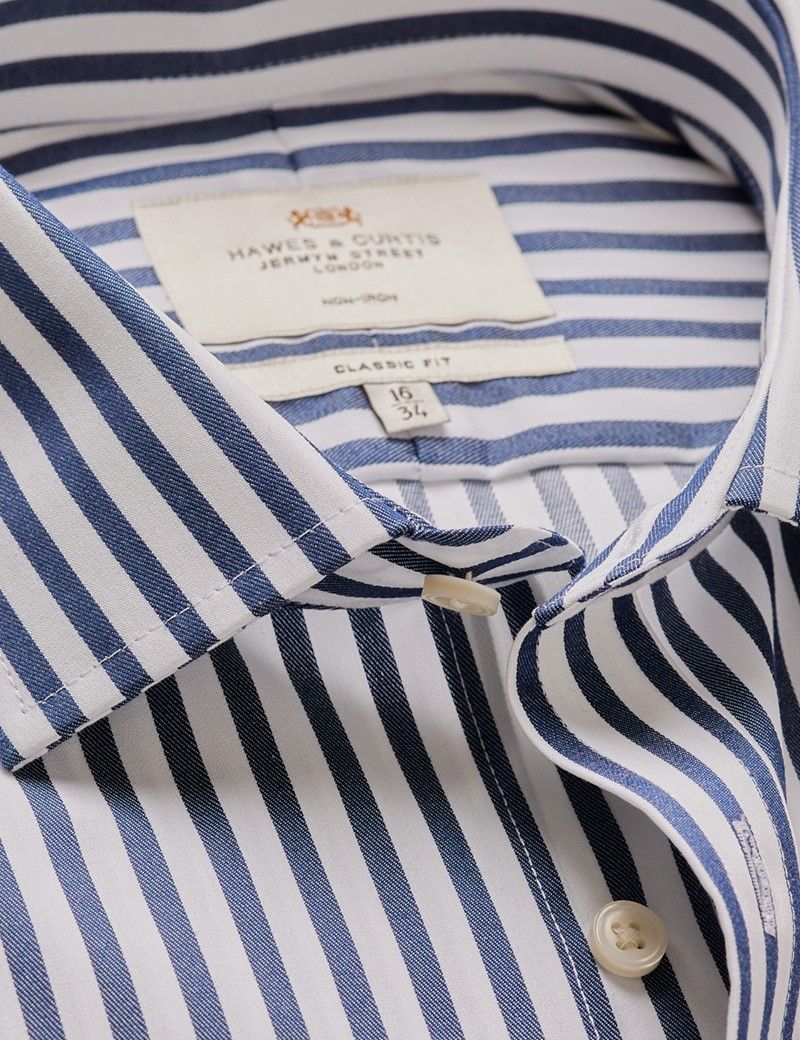 Mens Non Iron Navy And White Bold Stripe Classic Fit Shirt