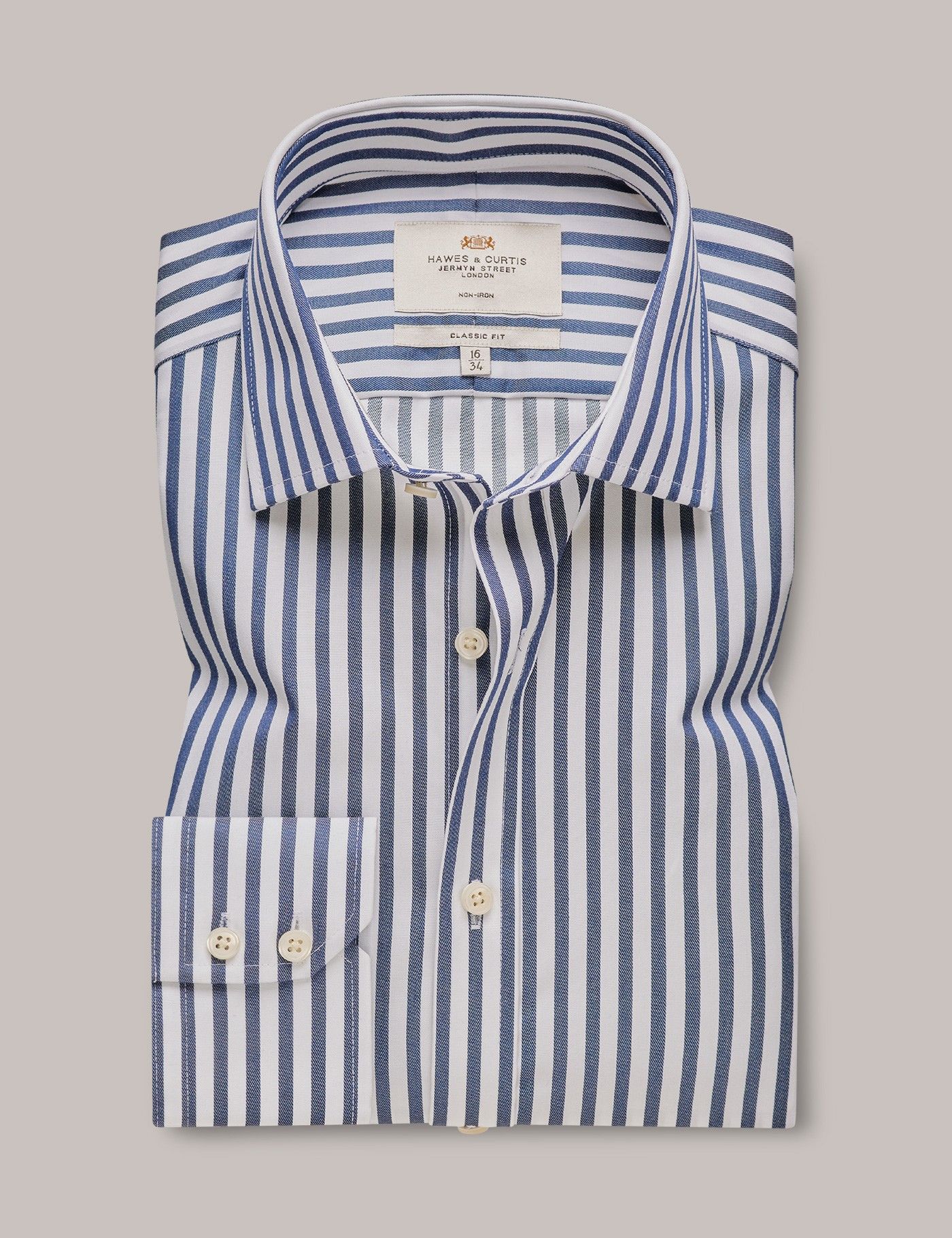 Classic Fit Navy & White Bold Stripe Non-Iron Shirt-preview