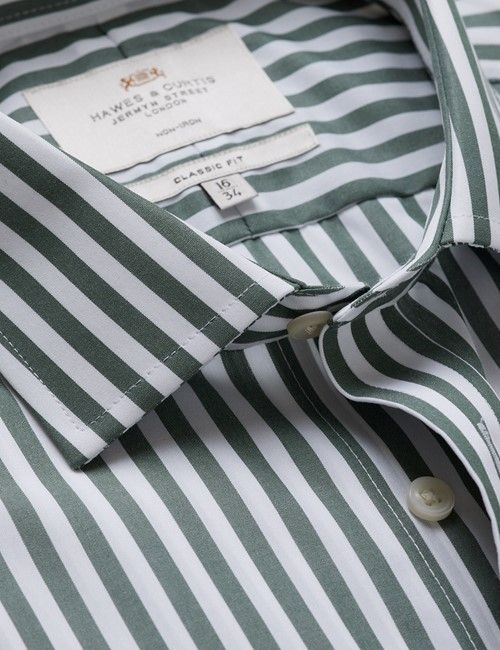 Non-Iron Green & White Bold Stripe Classic Fit Shirt