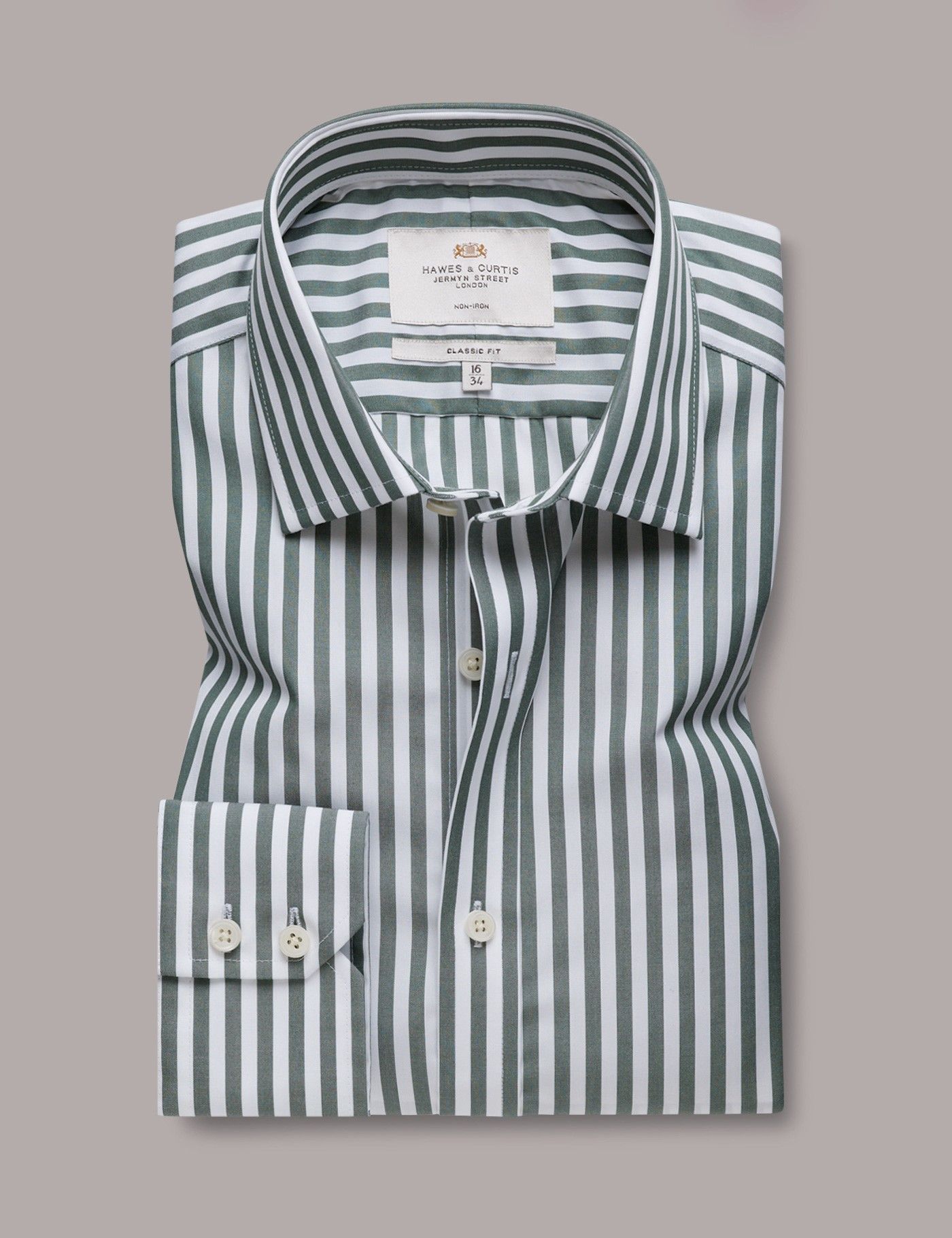 Classic Fit Green & White Bold Stripe Non-Iron Shirt-preview