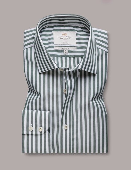 Non-Iron Green & White Bold Stripe Classic Fit Shirt-preview