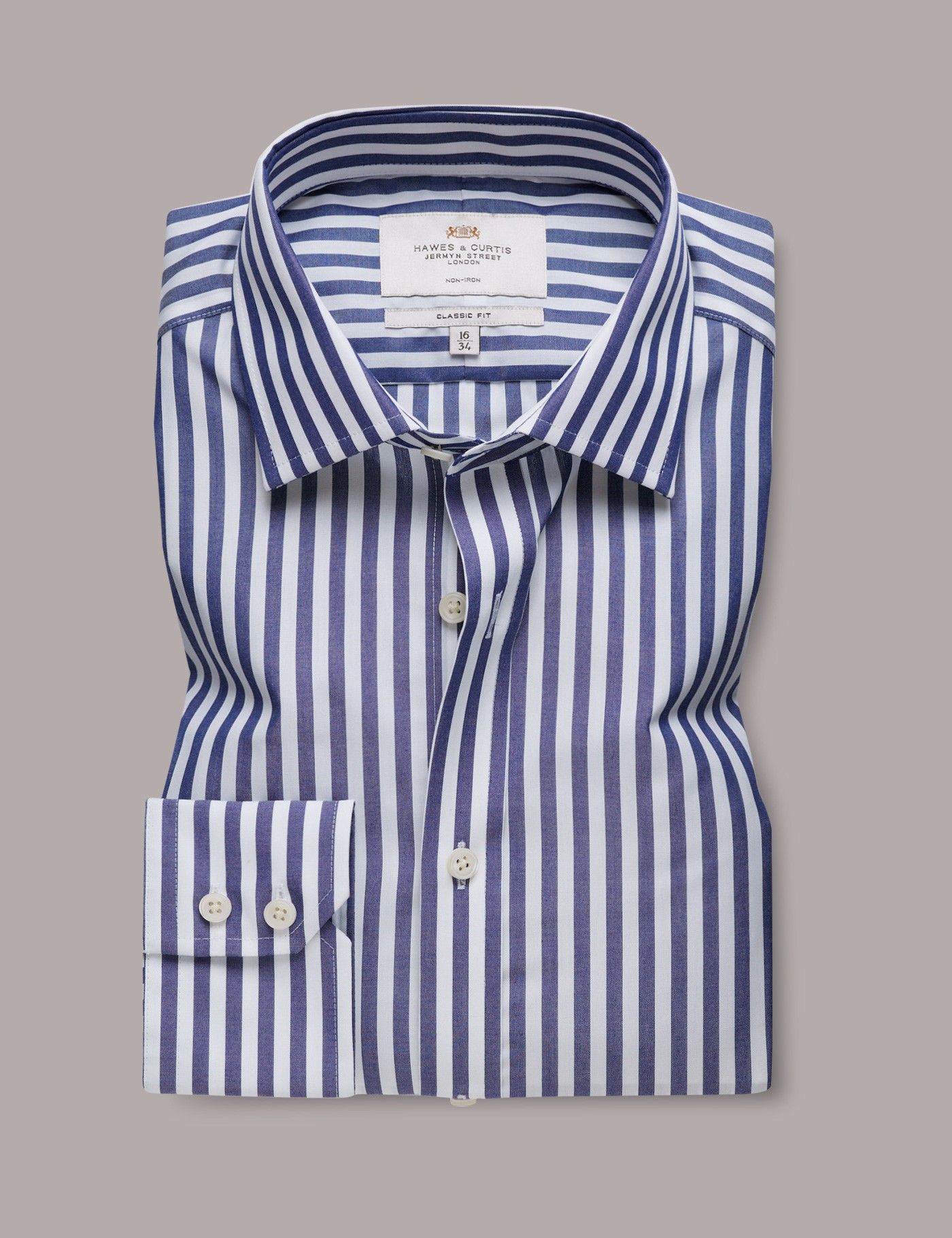 Classic Fit Navy & White Bold Stripe Non-Iron Shirt-preview