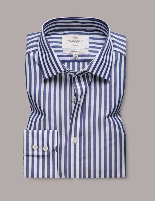 Non-Iron Navy & White Bold Stripe Classic Fit Shirt-preview