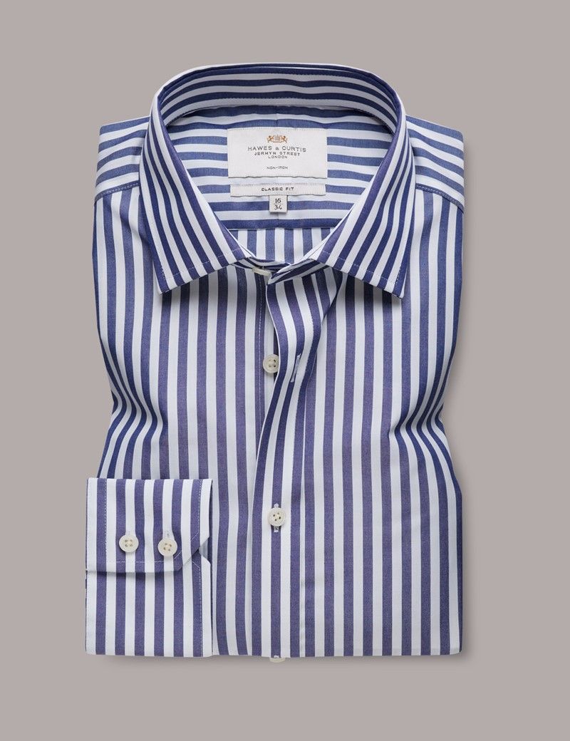 Classic Fit Navy & White Bold Stripe Non-Iron Shirt-preview