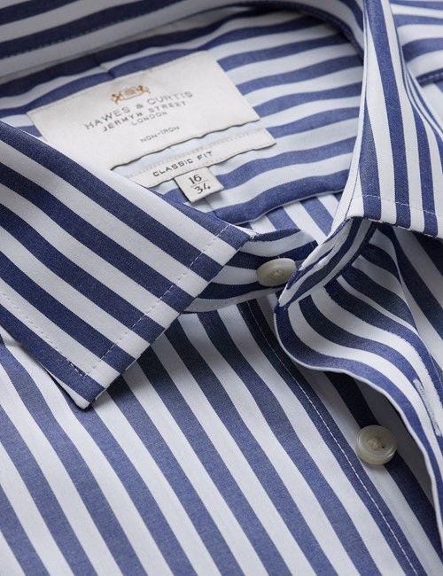 Non-Iron Navy & White Bold Stripe Classic Fit Shirt