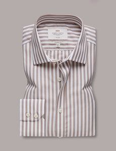 Non-Iron Beige & White Bold Stripe Classic Fit Shirt-preview1