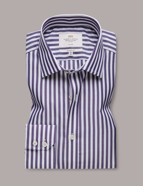 Non-Iron Purple & White Bold Stripe Classic Fit Shirt-preview
