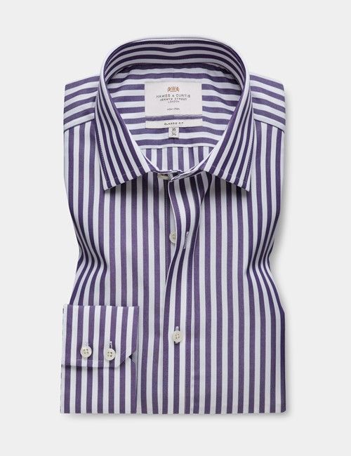 Classic Fit Purple & White Bold Stripe Non-Iron Shirt-preview