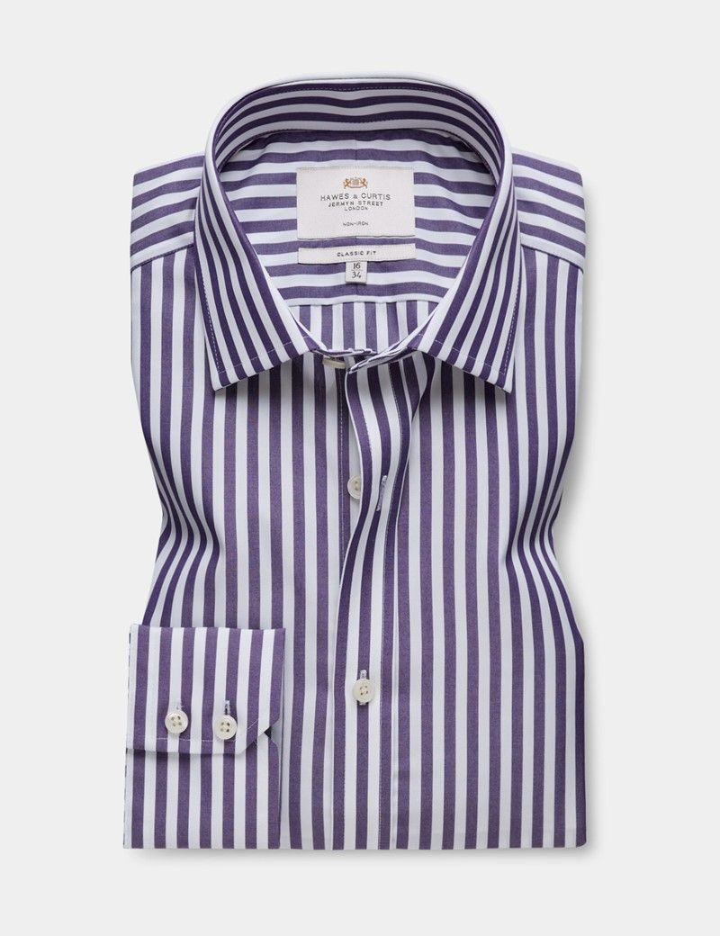 Classic Fit Purple & White Bold Stripe Non-Iron Shirt-preview