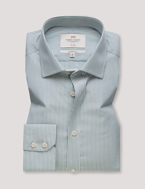 Non-Iron Green & White Fine Stripe Classic Fit Shirt-preview