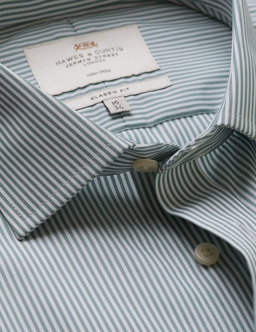 Non-Iron Green & White Fine Stripe Classic Fit Shirt