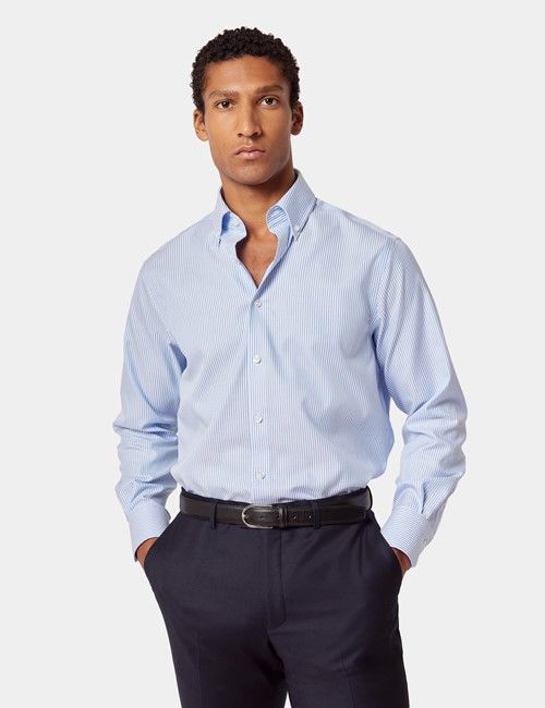 Non-Iron Blue & White Fine Stripe Pin Point Oxford Shirt - Button Down Collar - Classic Fit