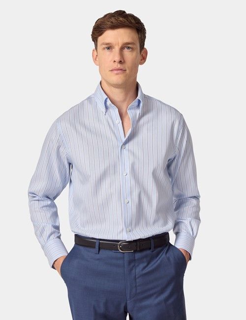 Non-Iron Blue & Navy Bold Stripe Pin Point Oxford Shirt - Button Down Collar - Classic Fit